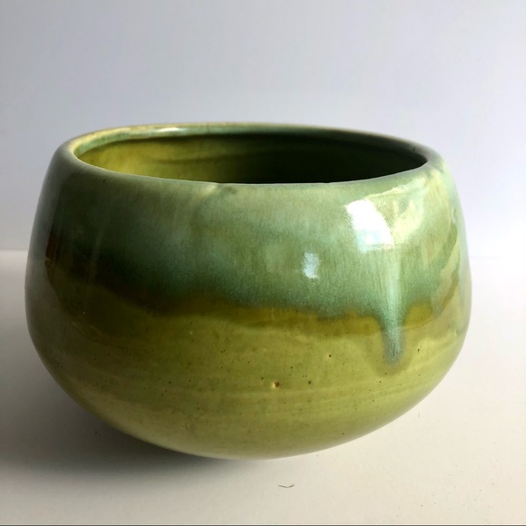Vintage MCM California Pottery Green Drip Glaze Round Planter Bowl Flower Pot - Picture 3 of 12